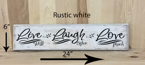 24x6 rustic white live laugh love wood sign with black lettering