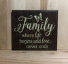 Family where life begins and love never ends wooden sign.