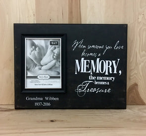 Personalized memorial wood sign with attached picture frame.
