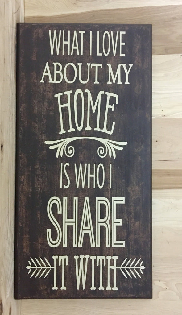 What I love about my home is who I share it with wood sign.