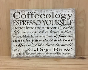 Coffeeology wooden sign for kitchen decor.