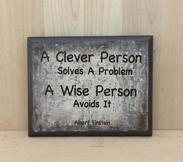 A clever person solves a problem Einstein quote wood sign.
