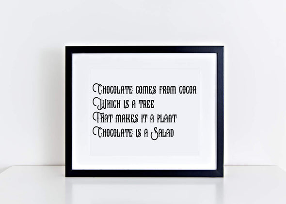 Chocolate is a salad funny art print for home decor.