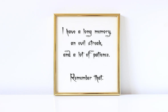 I have a long memory, an evil streak and a lot of patience funny art print.
