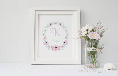 Personalized floral art print for little girl's bedroom decor.