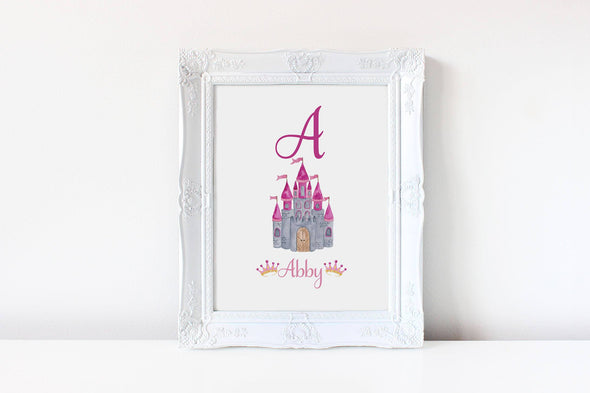 Personalized fairy tale castle art print for little girl's bedroom decor.