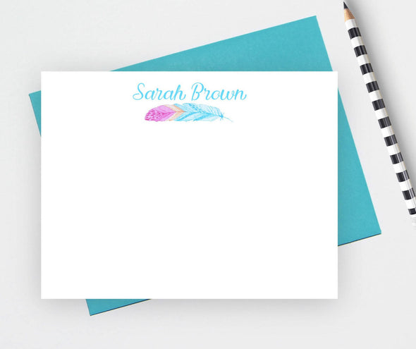 Bohemian personalized note card with feather design.