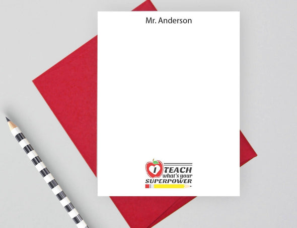 I teach what's your superpower personalized notecards.