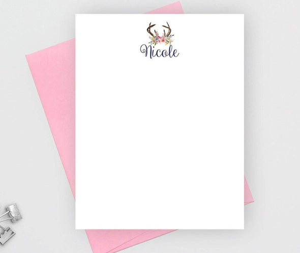Personalized bohemian note cards with antlers and candy envelope.