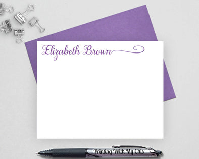 Calligraphy personalized note card set with purple ink.
