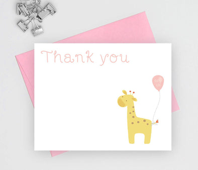 Girl giraffe theme baby shower thank you note cards.