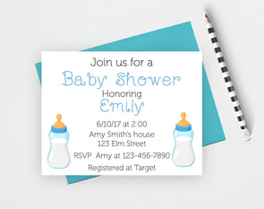 Baby boy baby shower invitation with baby bottles