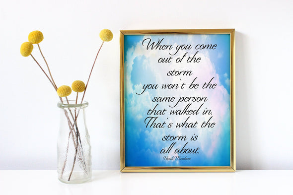 Out of the storm inspirational art print with cloud background.