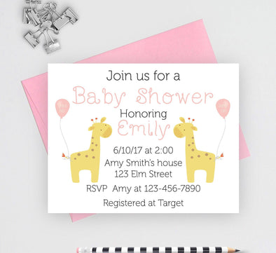 Girl baby shower invitation with giraffe design and candy envelope.