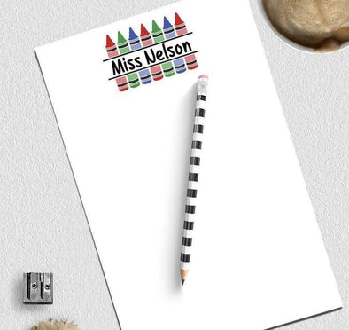 Crayon design personalized notepad makes a great teacher gift.