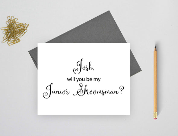 Personalized will you be my junior groomsman wedding card.