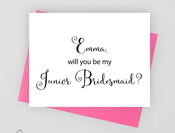 Personalized will you be my junior bridesmaid wedding card.