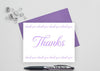 Folded wedding thank you card with purple envelope.