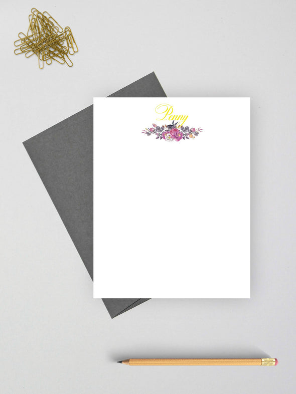 Personalized floral note cards with gray envelopes.