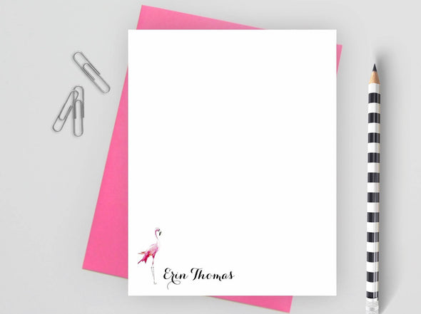 Personalized note card with flamingo design and pink envelope.