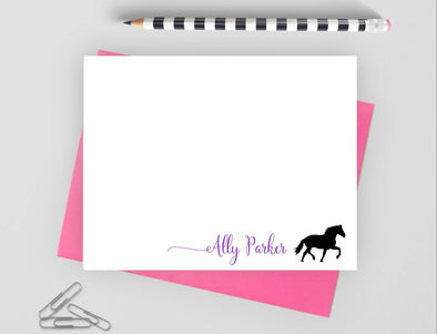 Personalized note cards with horse design and pink envelope.