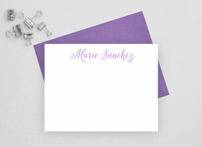 Personalized note card set with purple envelope.
