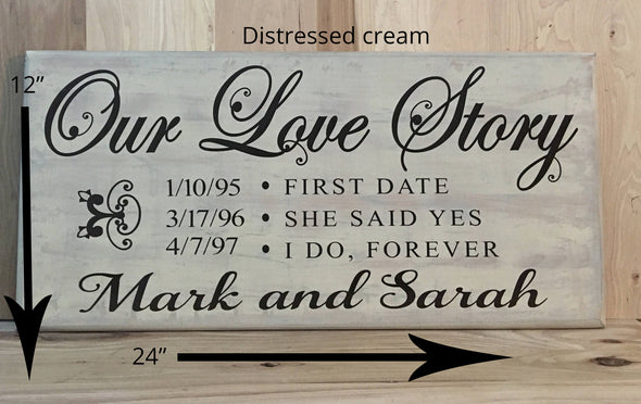 12x24 distressed cream wedding sign with brown lettering
