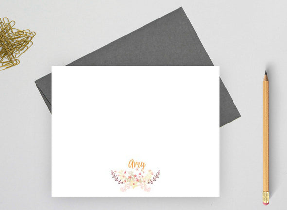 Floral design personalized note cards with gray envelope.