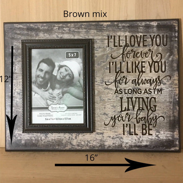 12x16 brown mix wood sign with attached picture frame and brown words