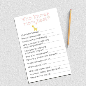 Who Knows Mommy Baby Shower Game, Girl Baby Shower, Giraffe Theme