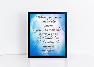 Out of the storm inspirational art print with cloud background.
