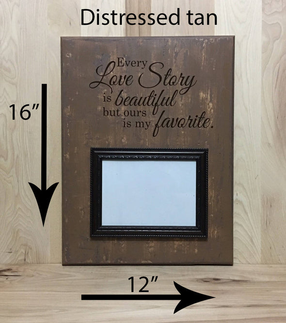 16x12 distressed tan wedding wood sign with attached picture frame.