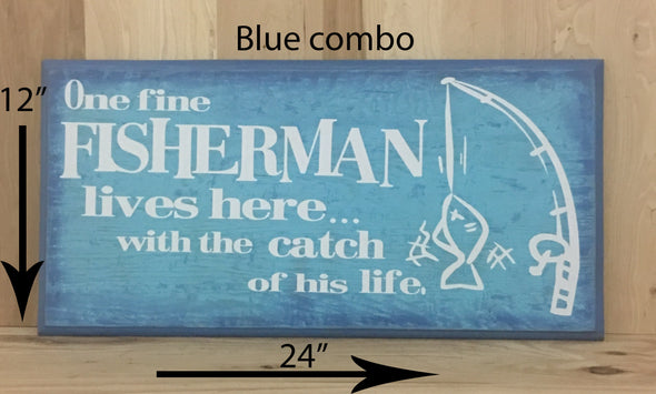 12x24 blue combo wood fishing sign with white lettering