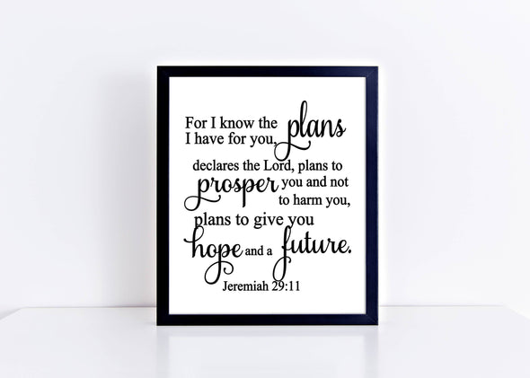 Jeremiah 29:11 wall art print in your choice of ink colors.