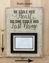 12x16 rustic cream sign with picture frame and brown lettering for wedding gifts.