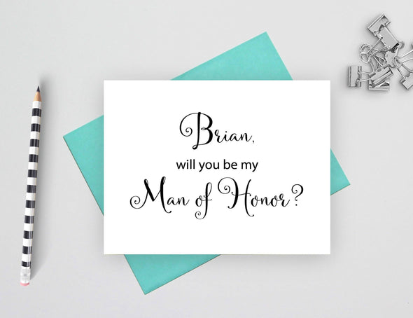 Personalized will you be my man of honor wedding card.