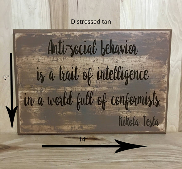 14x9 distressed tan Tesla quote wood sign with brown lettering.