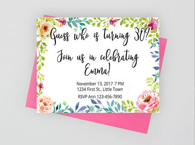 Printable floral birthday invitation.
