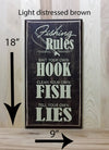18x9 light distress brown wooden sign for fishing decor.