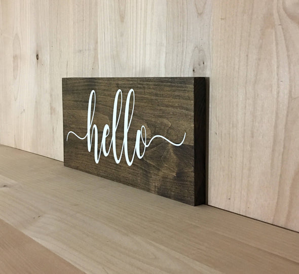 Minimalist hello wood sign for home or office decor.
