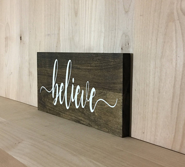 custom wood sign with calligraphy believe