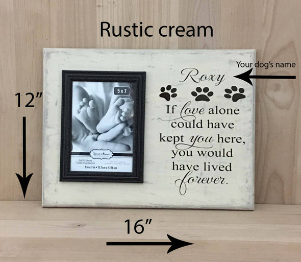 12x16 rustic cream dog memorial sign with brown lettering and attached frame.