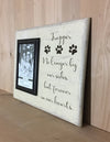 No longer by our side dog memorial wood sign with attached photo frame.