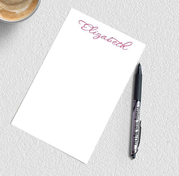 Women's personalized notepad with magenta ink.
