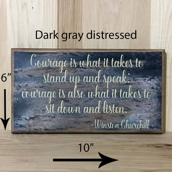 6x10 dark gray distressed Churchill wood sign with cream lettering