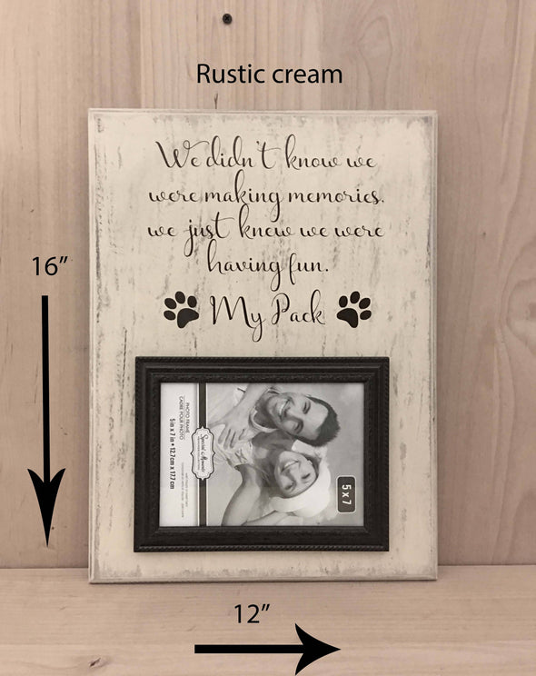12x16 rustic cream dog wood sign with brown lettering and picture frame