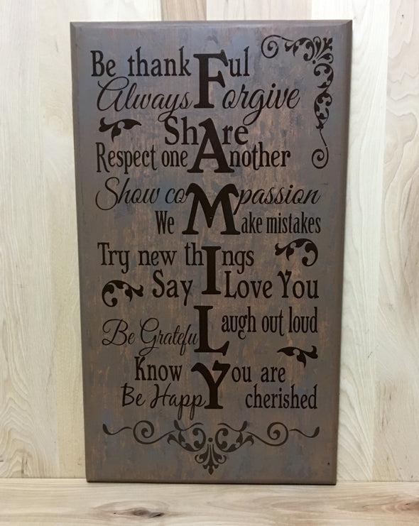 Family wood sign, be thankful, always forgive, share, respect one another