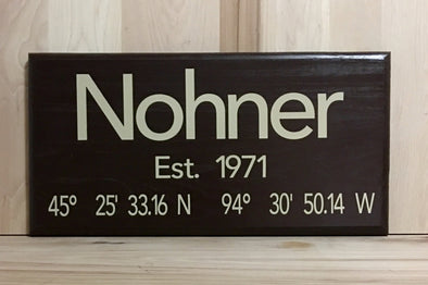Last name established year wood sign with latitude and longitude coordinates.