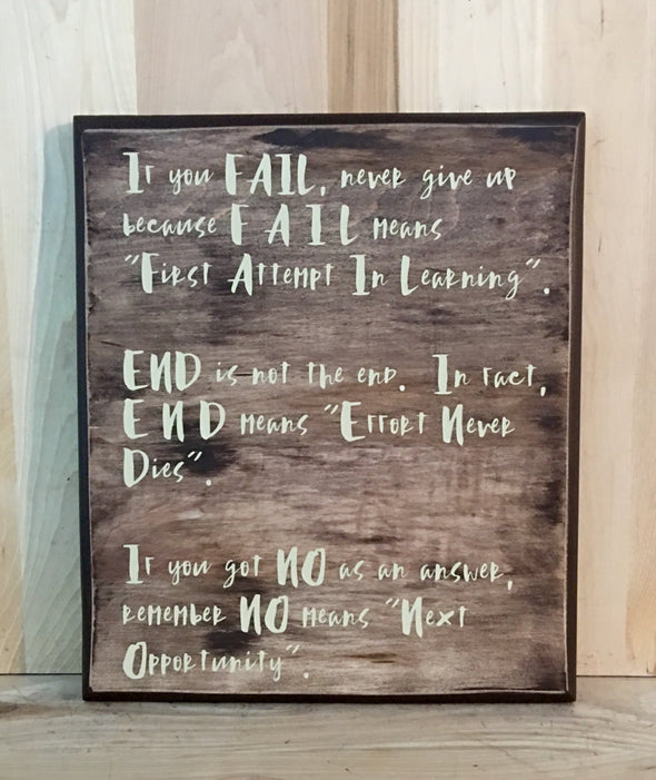 Inspirational wood sign about not giving up for home, office or classroom decor.