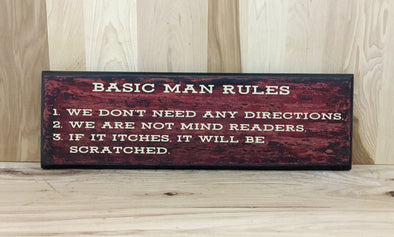 Basic man rules wood sign for man cave.